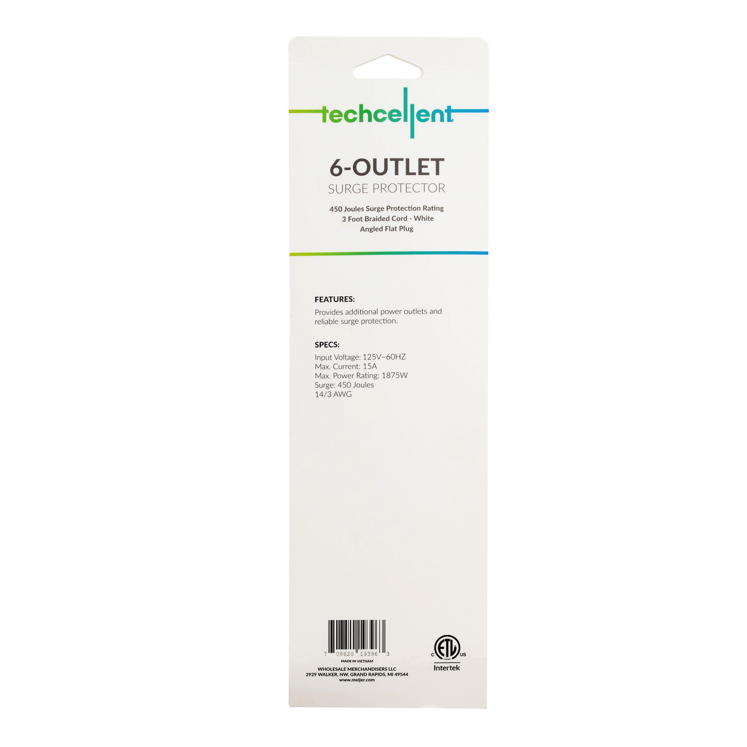 slide 2 of 3, Techcellent 6 Outlet Surge 3Ft Wh, 3 ft