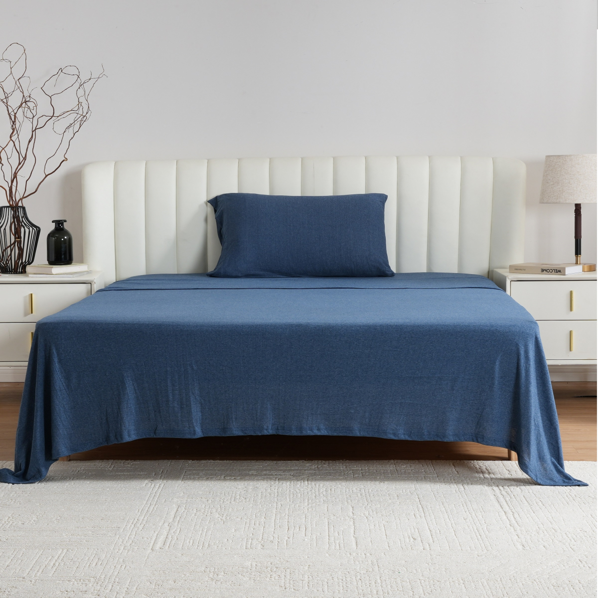 slide 9 of 17, R+R Jersey Knit Sheet Set, Twin XL, Melange Navy, Twin XL