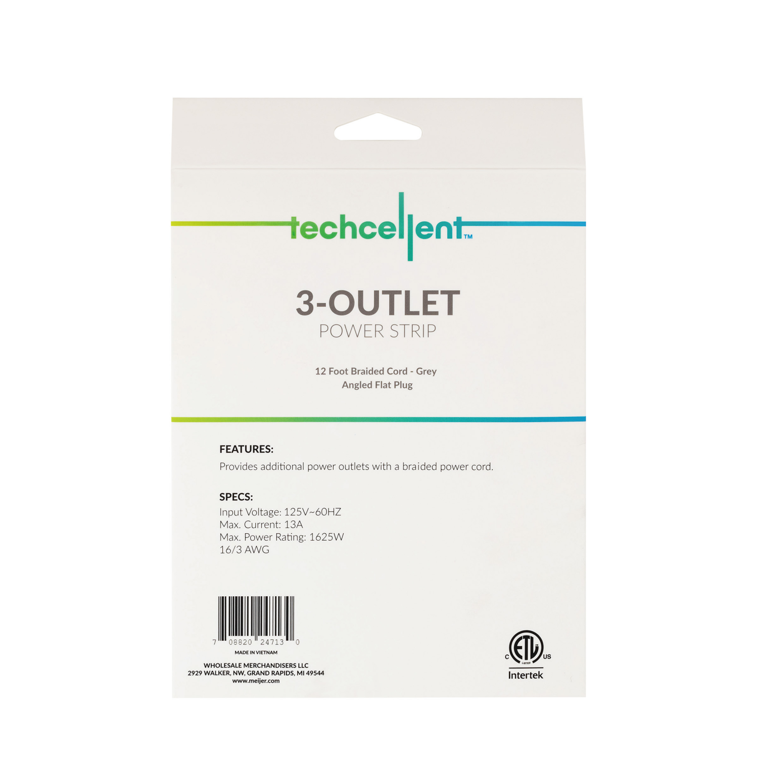 slide 2 of 3, Techcellent 3 Outlet Power Strip 12Ft Gy, 12 ft