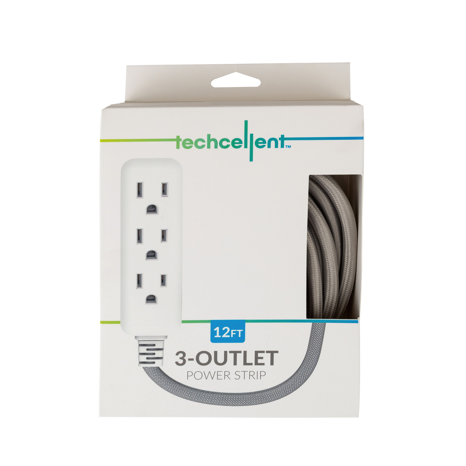 slide 1 of 3, Techcellent 3 Outlet Power Strip 12Ft Gy, 12 ft