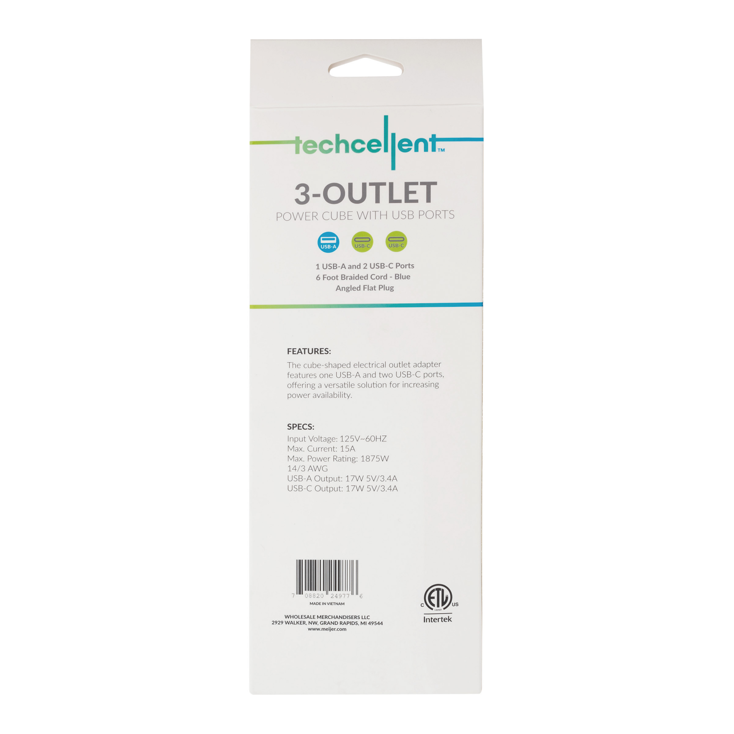 slide 2 of 3, Techcellent 2Usba+C 3Outlet Cube 6Ft Bl, 6 ft