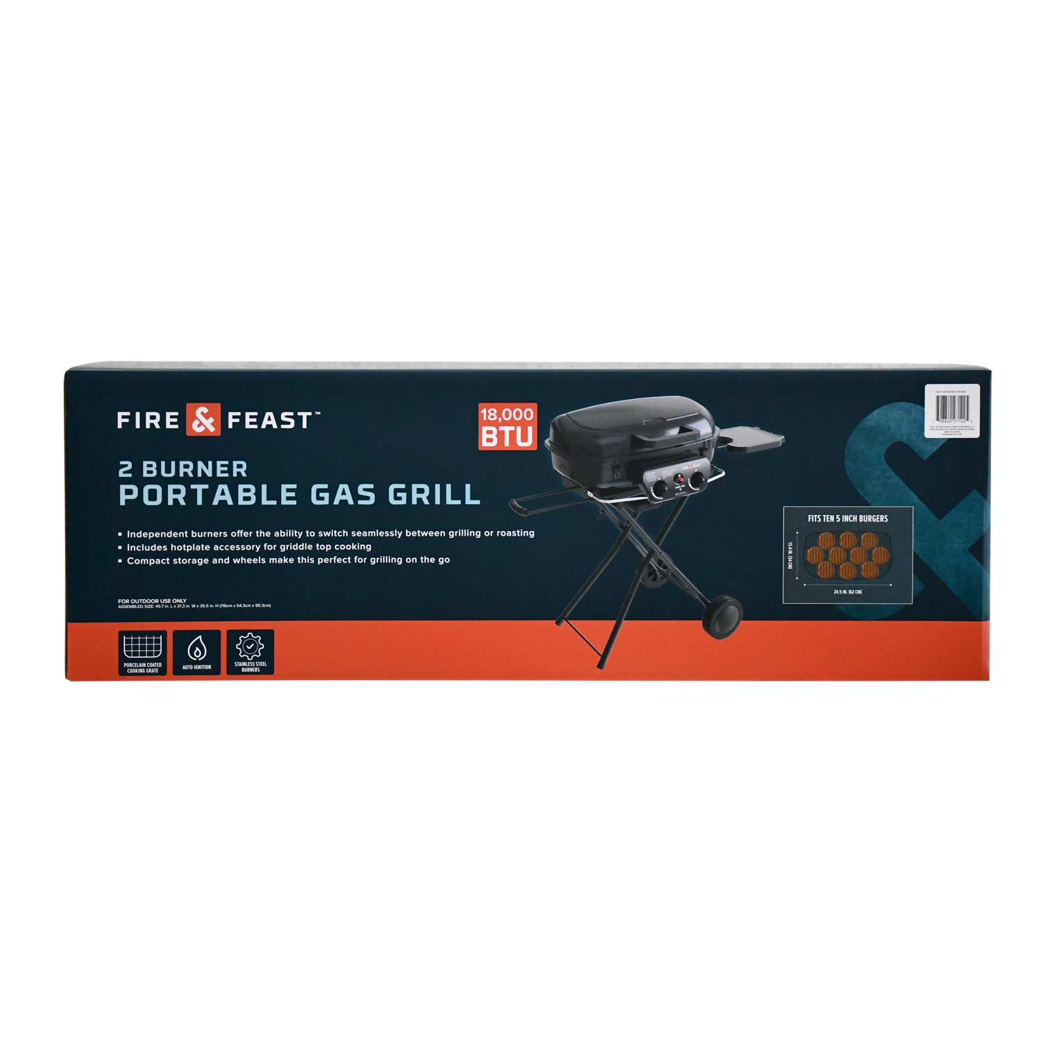 slide 2 of 6, Fire & Feast 2 Burner Portable Gas Grill, 35.5 in