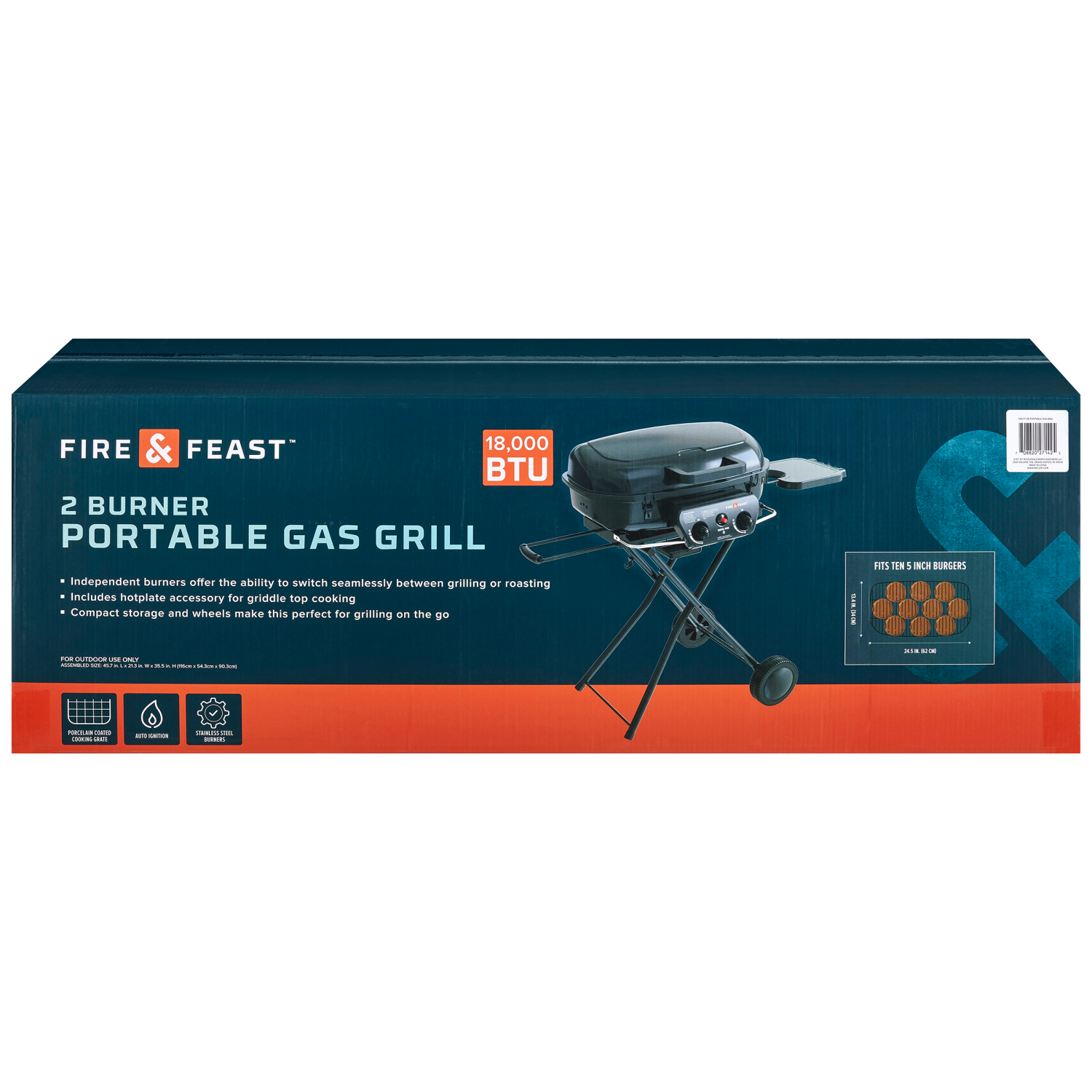 slide 1 of 6, Fire & Feast 2 Burner Portable Gas Grill, 35.5 in