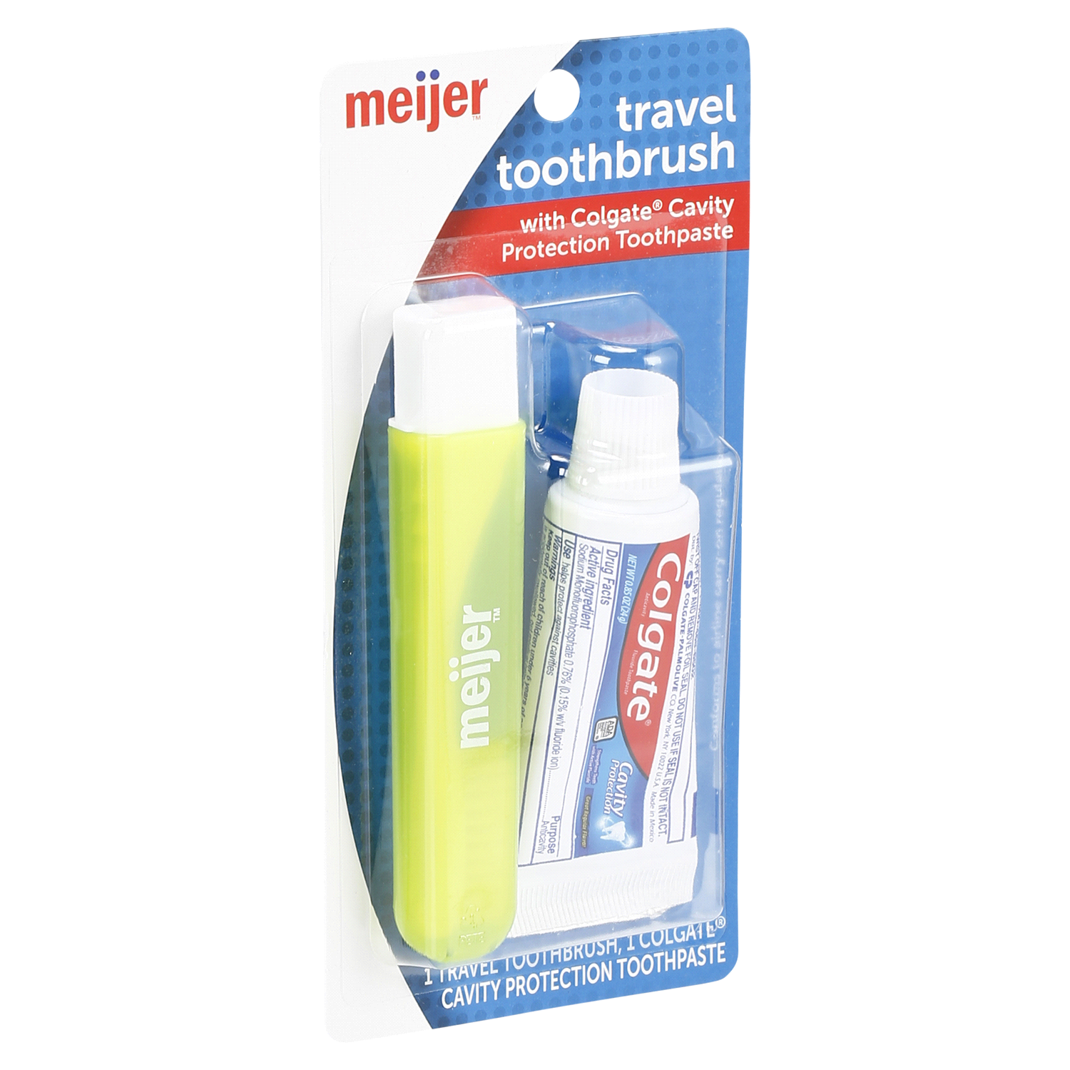 slide 4 of 5, Meijer Travel Toothbrush with Colgate Toothpaste, 1 Kit, 0.85 oz