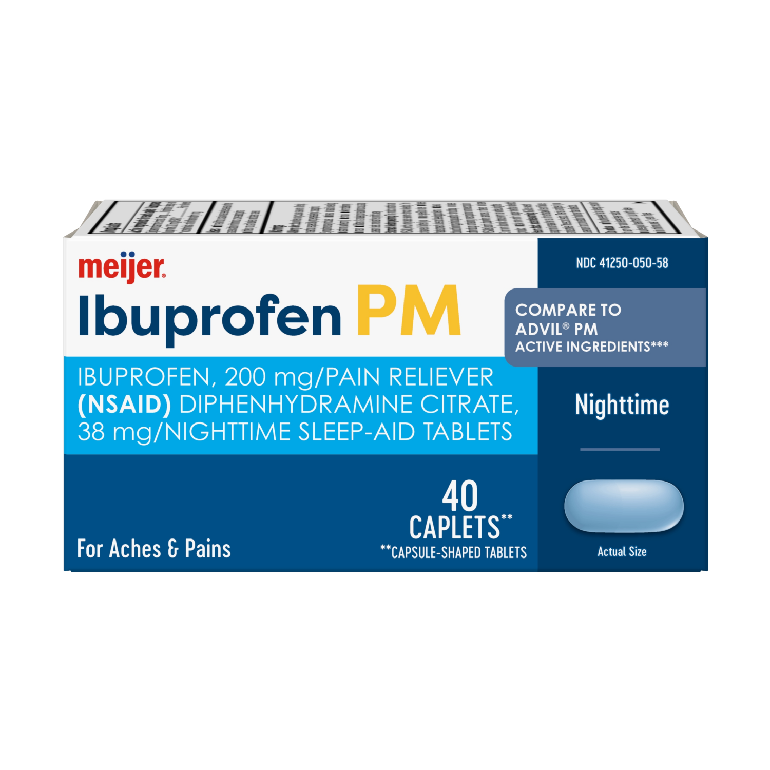 slide 1 of 8, Meijer Ibuprofen PM, Ibuprofen and Diphenhydramine Citrate Tablets /, 40 ct