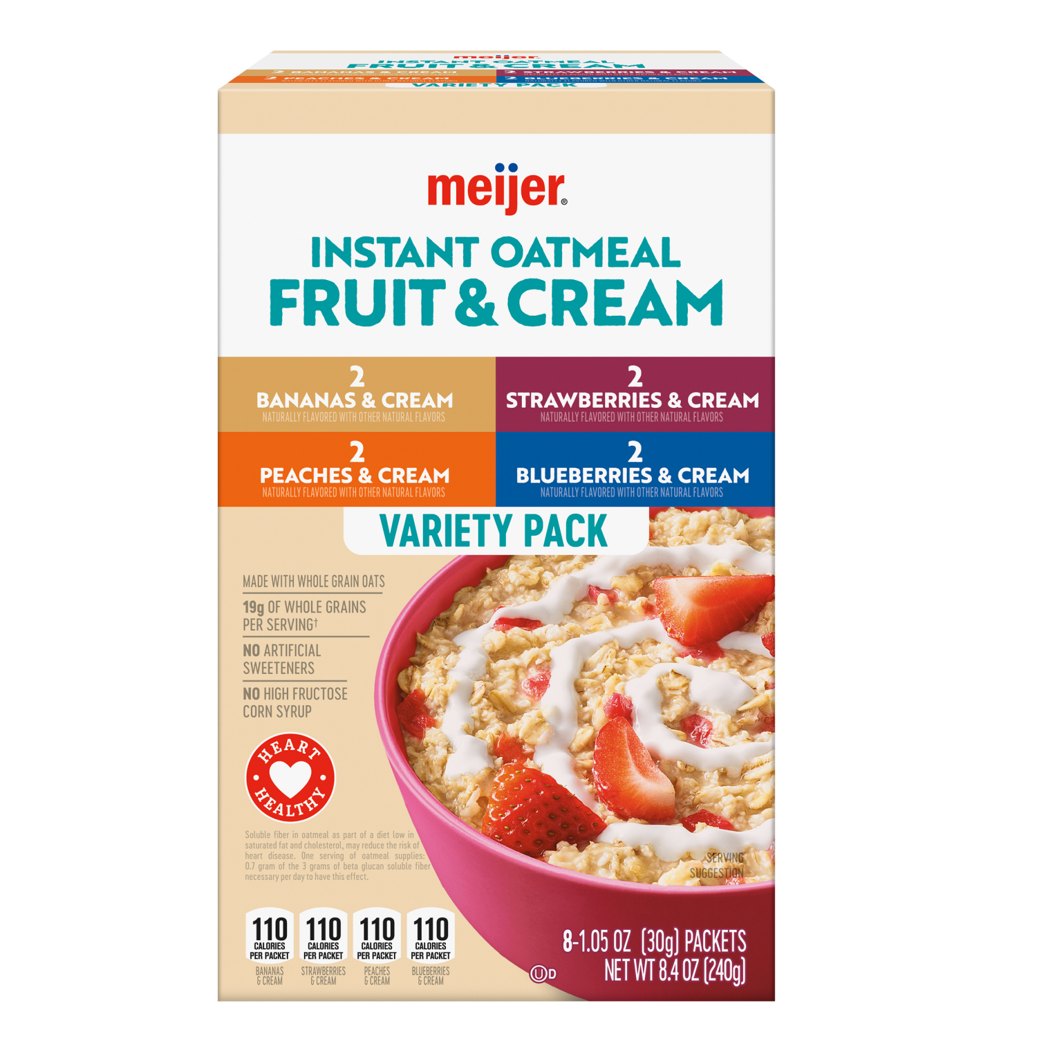 slide 1 of 8, Meijer Instant Oatmeal Fruit & Cream Variety Pack, 8 Count, 8 ct