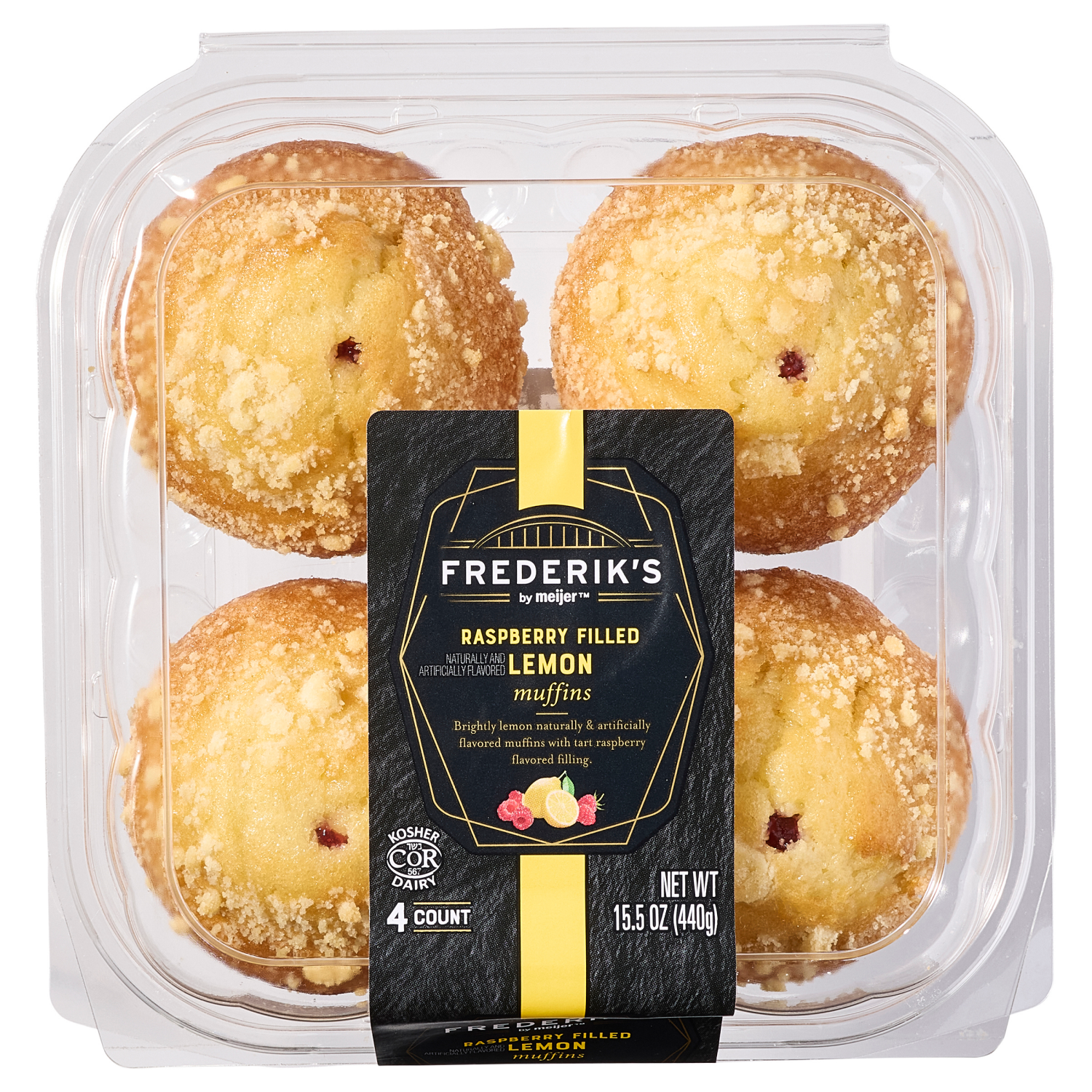 slide 1 of 4, FREDERIKS BY MEIJER Frederik's By Meijer Raspberry Filled Lemon Muffins, 15.5 Oz, 4 Pk, 4 ct; 15.5 oz