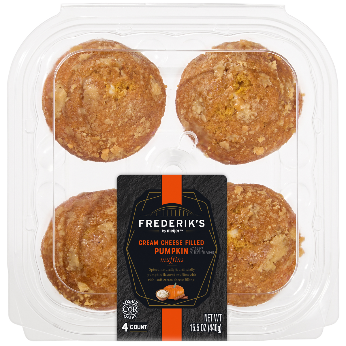 slide 1 of 3, Frederik's By Meijer Frederik's by Meijer Cream Cheese Filled Pumpkin Muffins, 15.5 oz, 4 pk, 4 ct; 15.5 oz