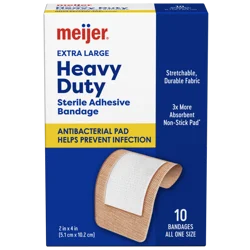 Meijer Heavy Duty Adhesive Bandages, Antibacterial, 10 XL Bandages