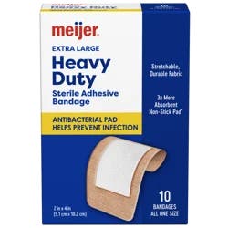 Meijer Heavy Duty Adhesive Bandages, Antibacterial, 10 XL Bandages