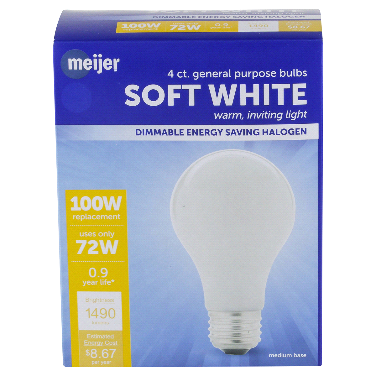 slide 5 of 5, Meijer 72W Energy Saving Halogen Bulb Soft White, 4 ct