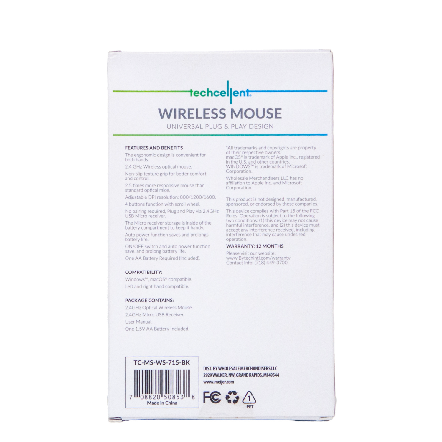 slide 2 of 5, Techcellent Wireless Mouse 3-Button Blk, 1 ct