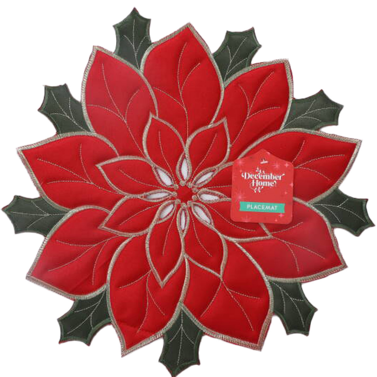 slide 1 of 1, December Home Red Quilted Poinsettia Cutwork Shaped Placemat, 15 In Round, 15 in