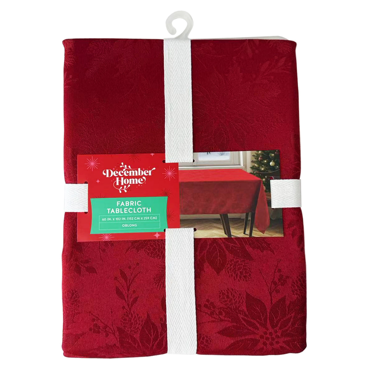 slide 4 of 4, December Home Red Regal Holiday Poinsettia Jacquard Tablecloth, 60 In X 102 In, Red, 60 x 102