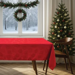 December Home Red Regal Holiday Poinsettia Jacquard Tablecloth, 60 In X 102 In, Red
