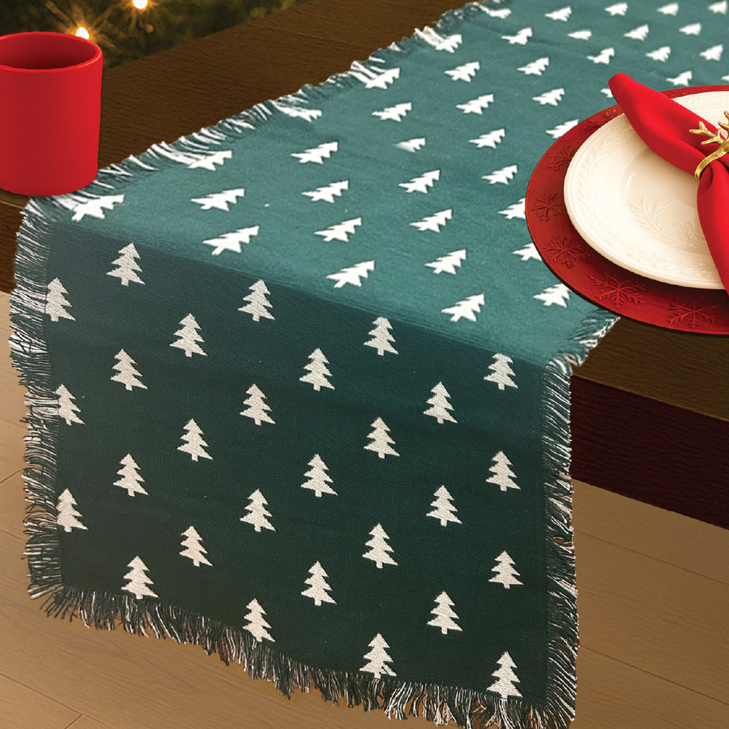 slide 1 of 4, December Home Red Christmas Forest Doublecloth Runner With Fringe, 14 In X 72 In, 14 x 72
