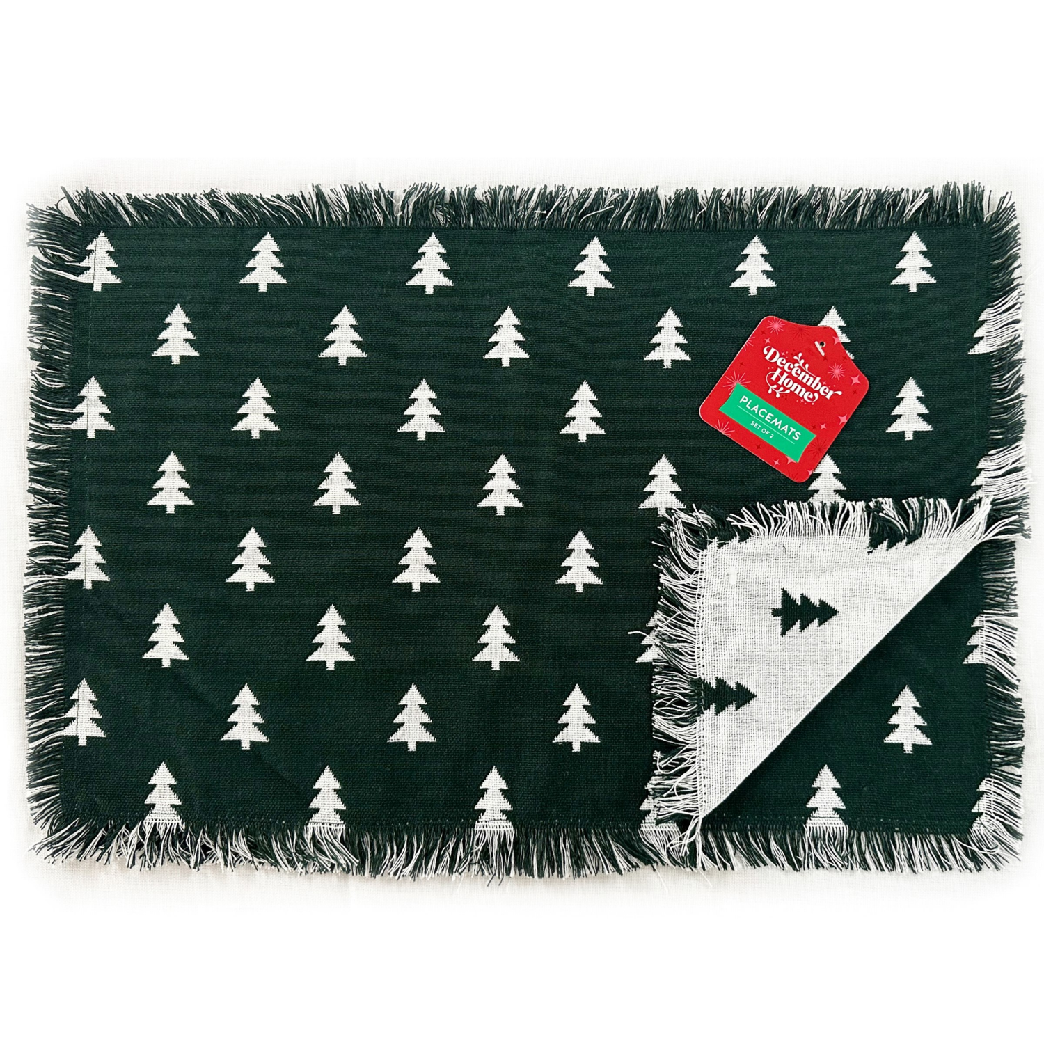 slide 1 of 1, December Home Red Christmas Forest Doublecloth Placemat With Fringe, 2 Pack, 13 In X 19 In, 2 ct