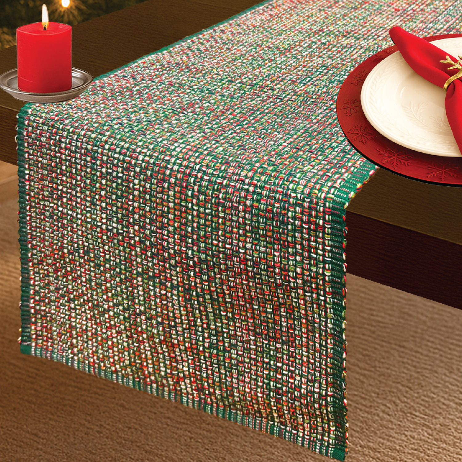 slide 1 of 2, December Home Red Homespun Runner, 14 In X 72 In, Holiday Green, 14 x 72