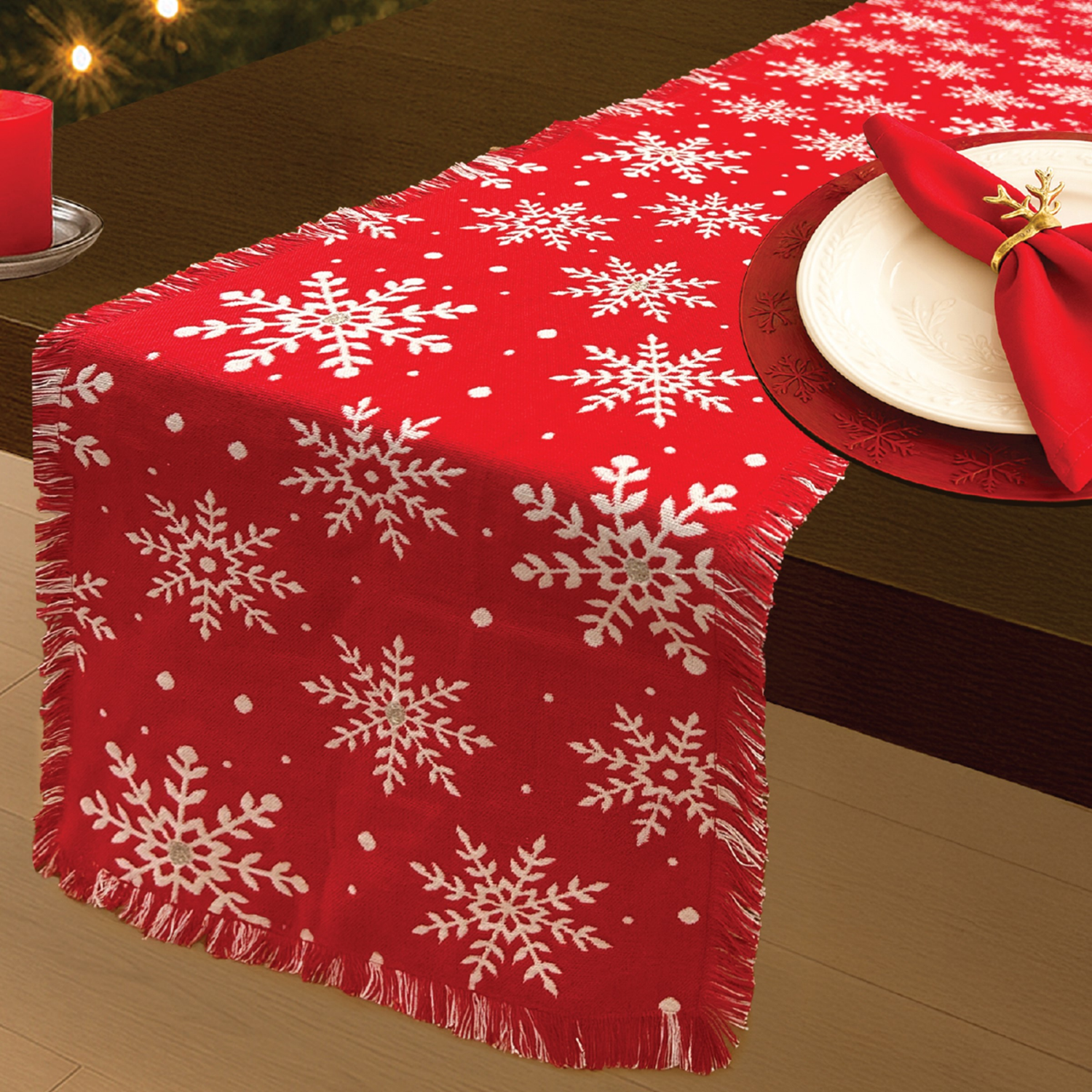 slide 1 of 4, December Home Red Snowflake Doublecloth Runner With Fringe, 14 In X 72 In, 14 x 72