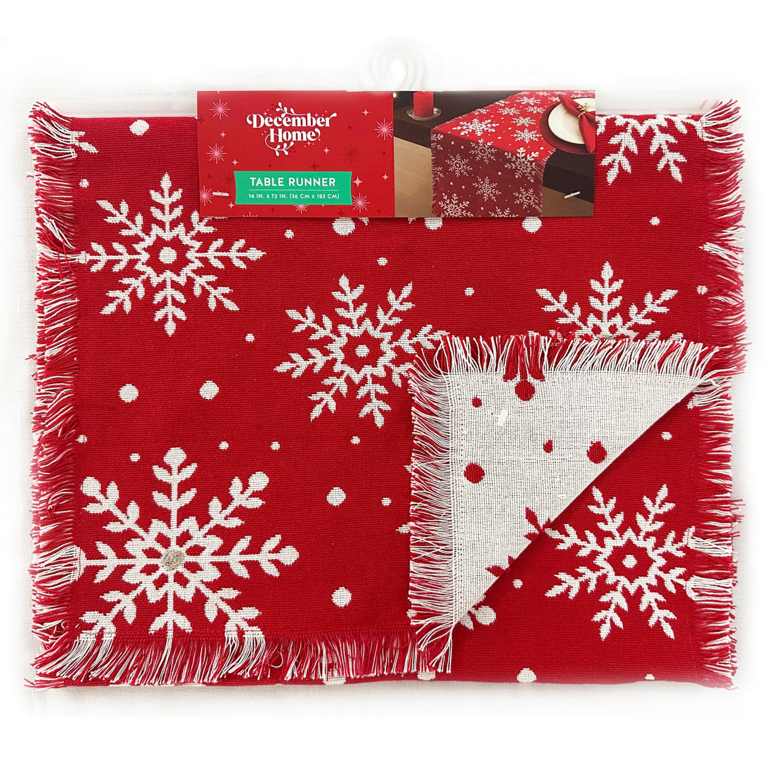 slide 4 of 4, December Home Red Snowflake Doublecloth Runner With Fringe, 14 In X 72 In, 14 x 72