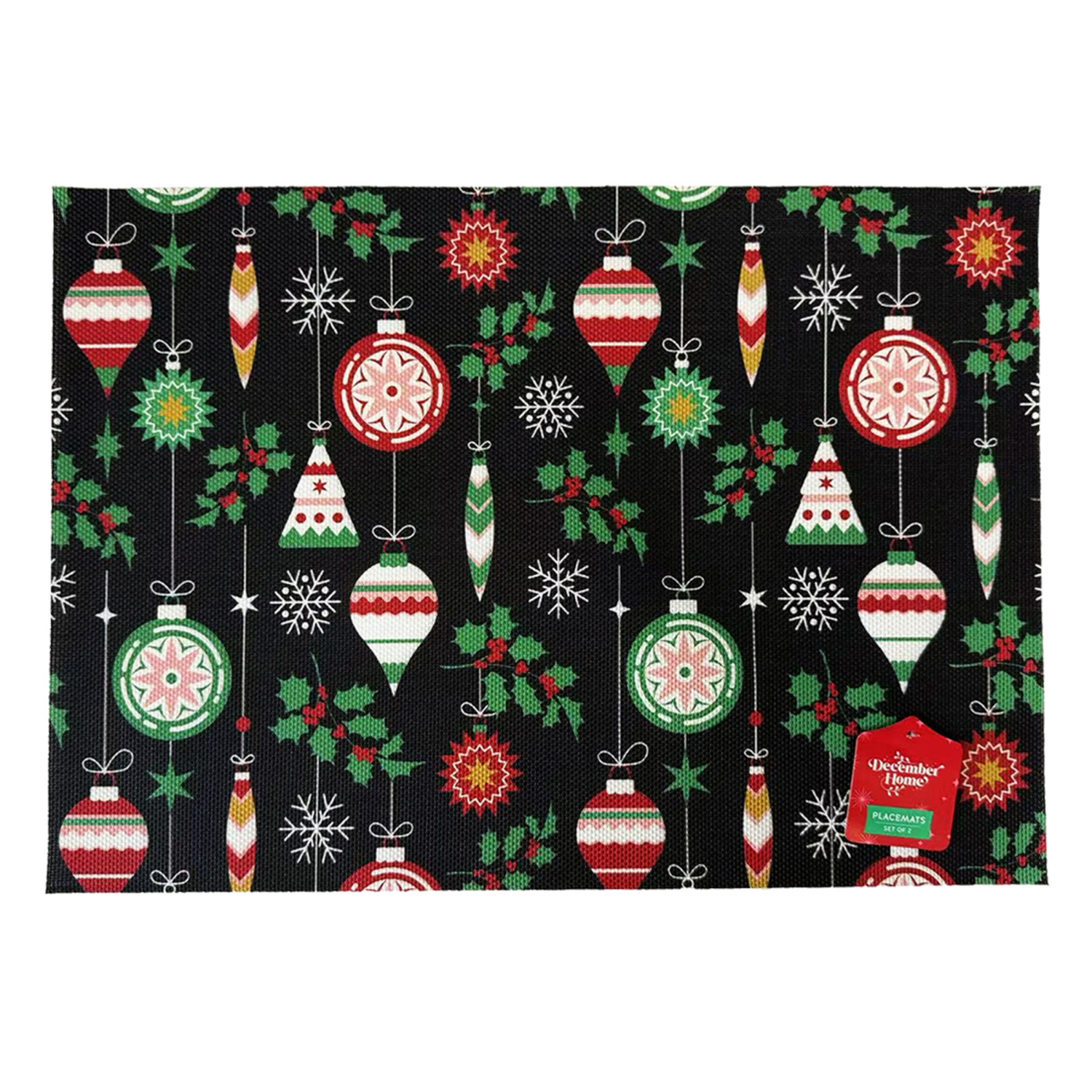 slide 1 of 1, December Home Red Ornaments Printed Textiline Placemat, 2 Pack, 13 In X 19 In, Black, 2 ct