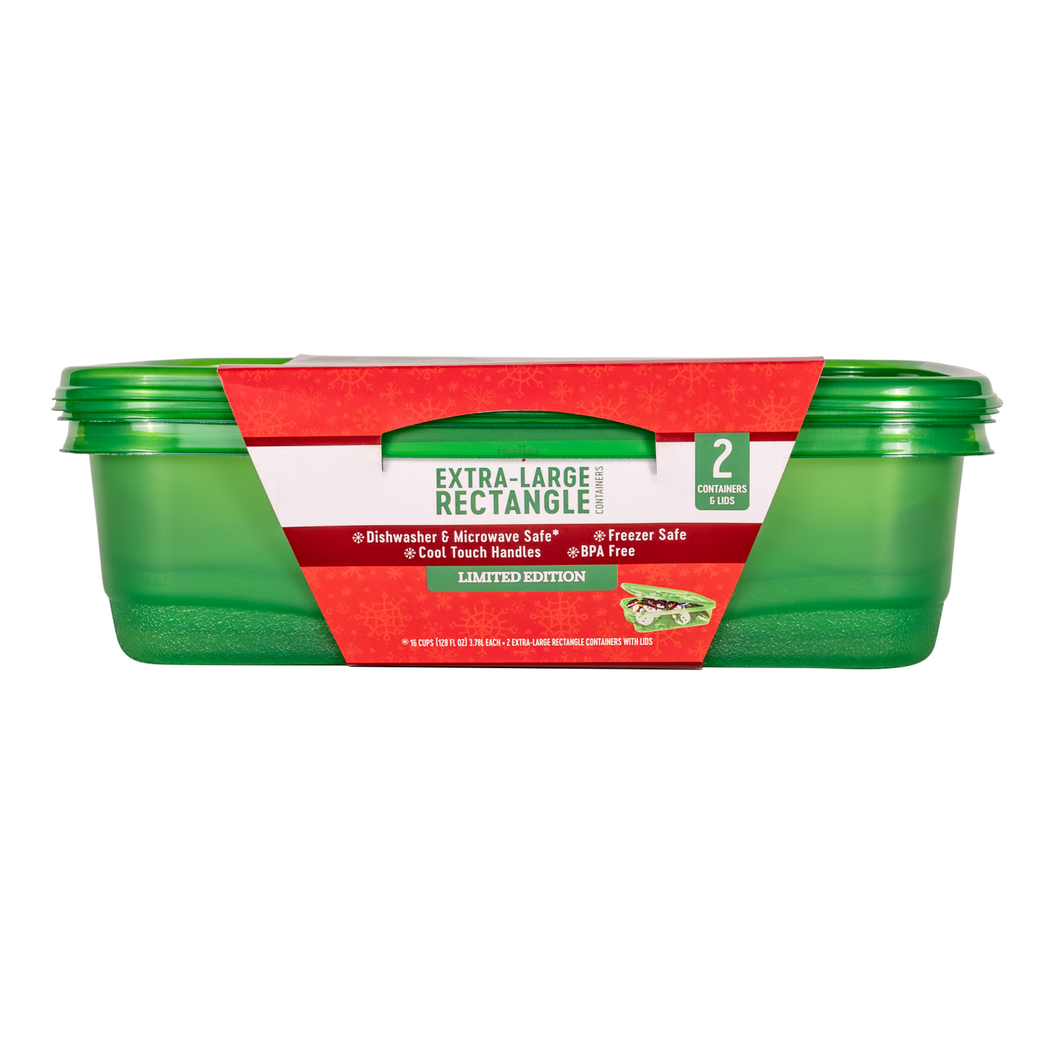 slide 2 of 8, Meijer Holiday Food Storage Container, Green Rectangle, 128 oz., 2 count, 128 oz, 2 ct