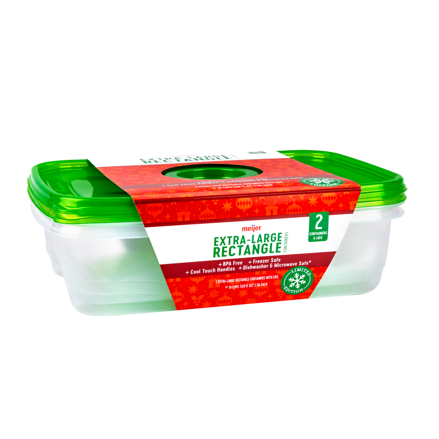 slide 6 of 8, Meijer Holiday Food Storage Container, Green Rectangle, 128 oz., 2 count, 128 oz, 2 ct