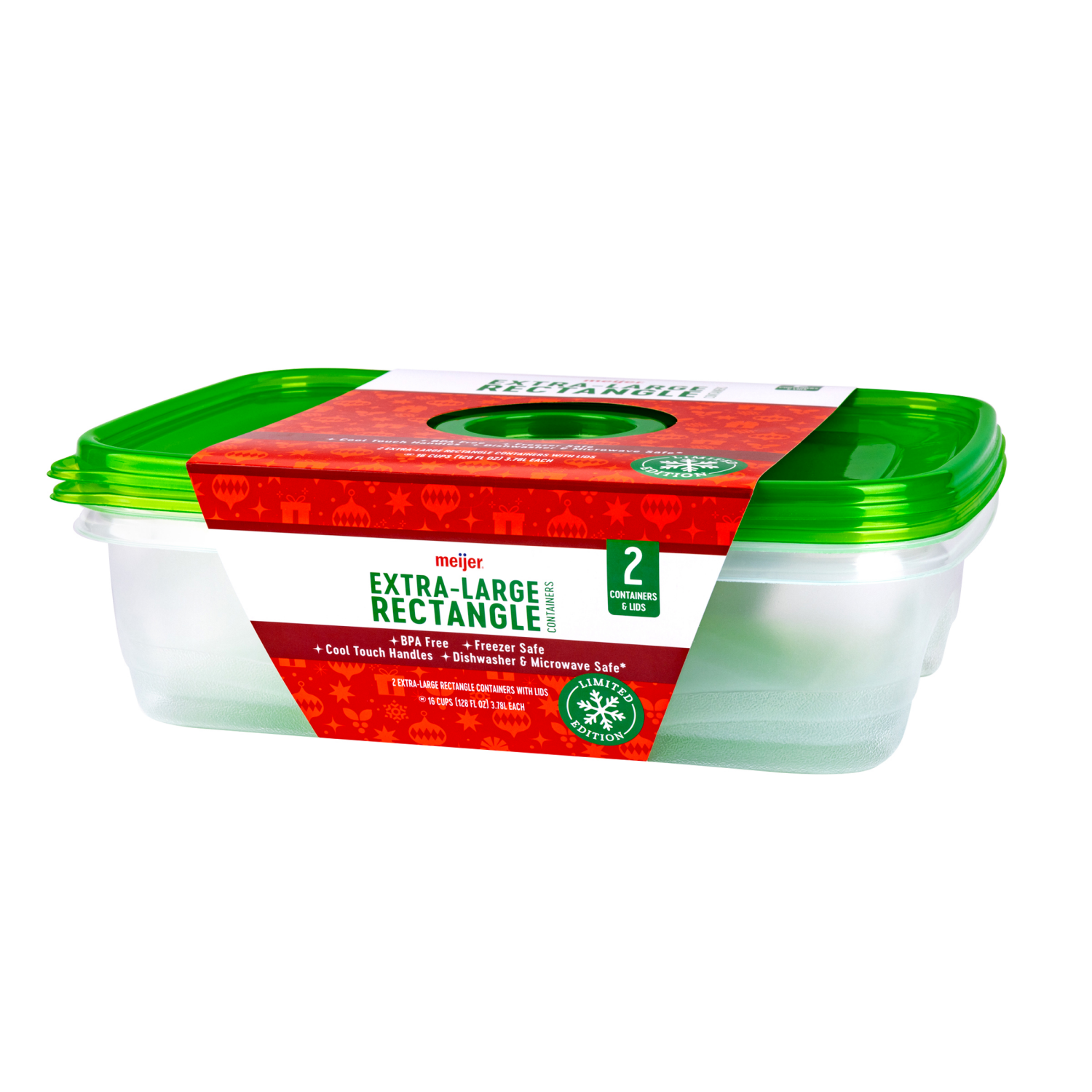 slide 7 of 8, Meijer Holiday Food Storage Container, Green Rectangle, 128 oz., 2 count, 128 oz, 2 ct
