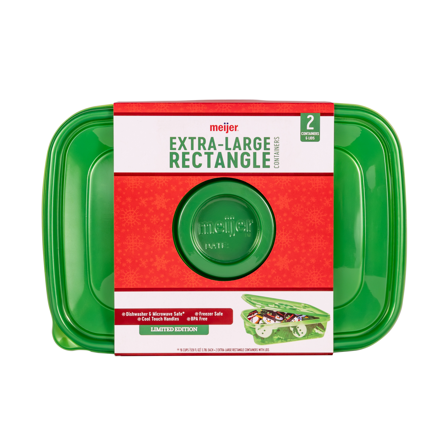 slide 8 of 8, Meijer Holiday Food Storage Container, Green Rectangle, 128 oz., 2 count, 128 oz, 2 ct