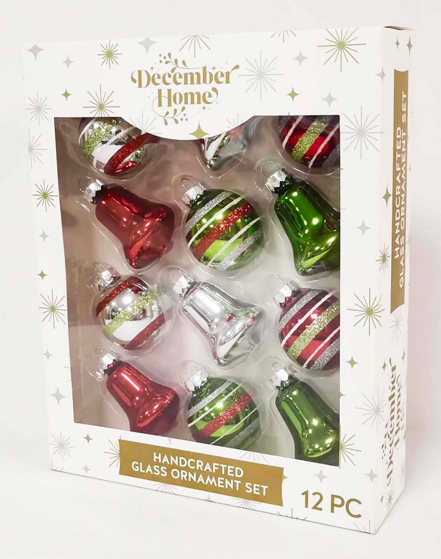 slide 3 of 3, December Home Glass Bell/Ball Ornaments Red/Green Assortment, 12 ct