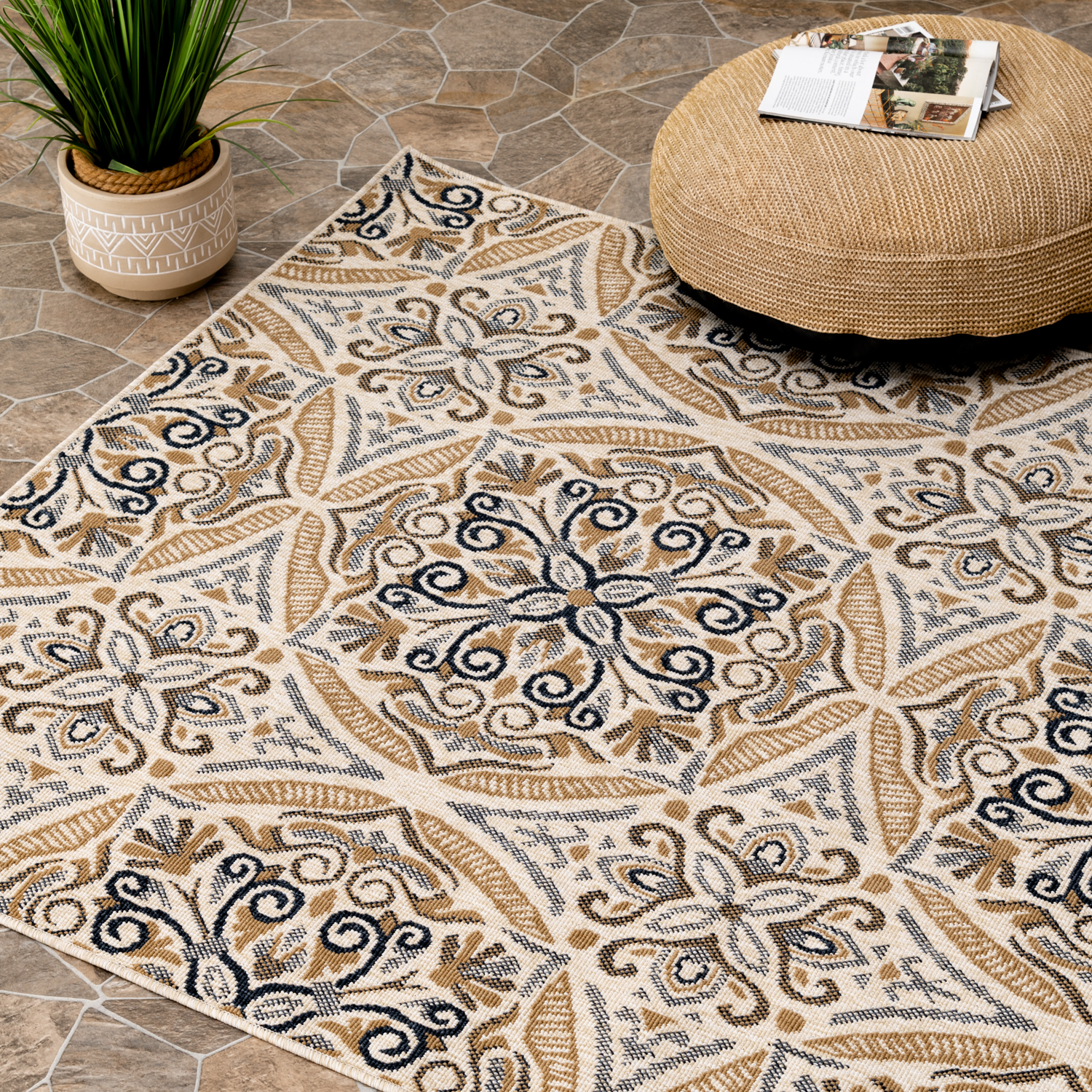 slide 5 of 7, Room & Retreat Solstice Indoor/Outdoor Area Rug Medallion, 5 ft x 7 ft, Tan, 5 ft, 7 ft