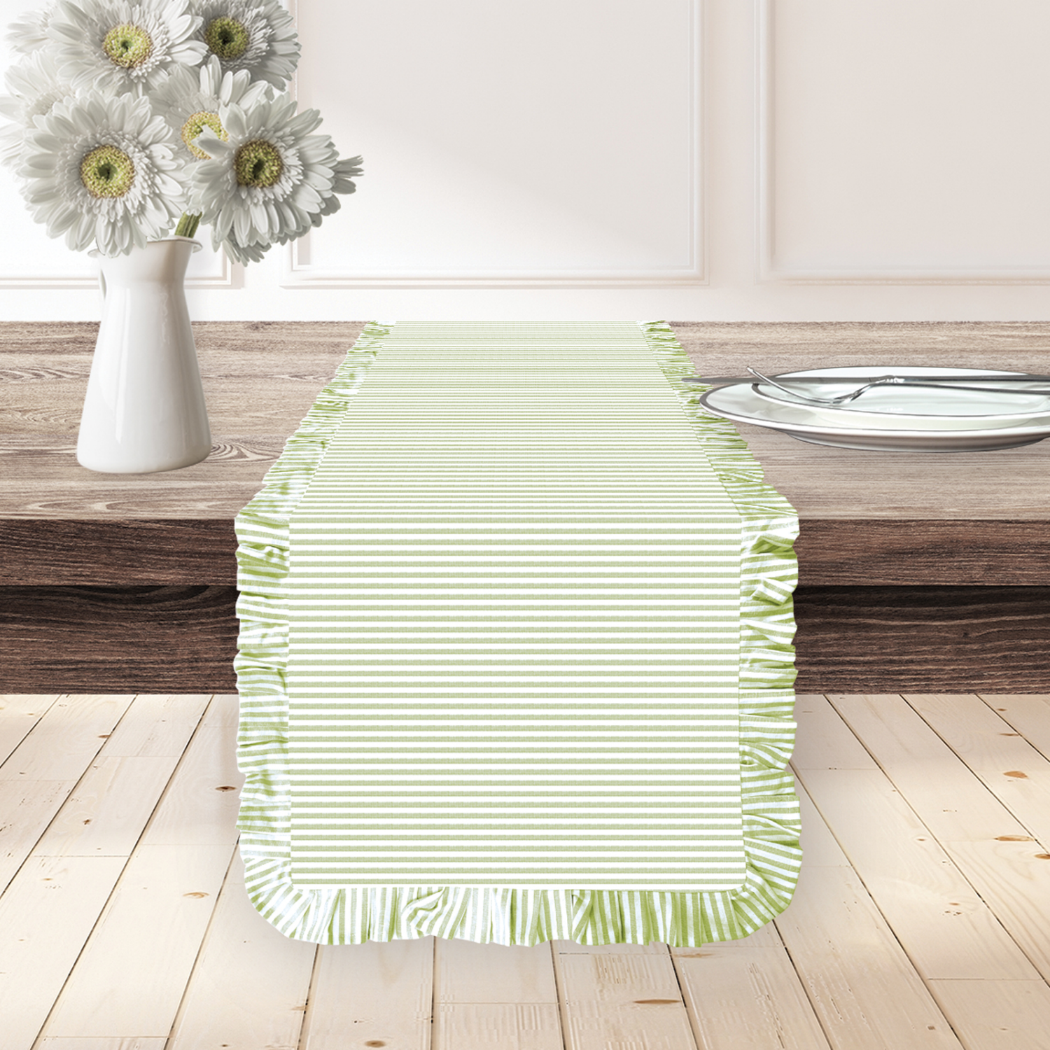 slide 1 of 3, ROOM & RETREAT Room and Retreat Riley Ruffle Runner, 16 in x 76 in, Green, 1 ct