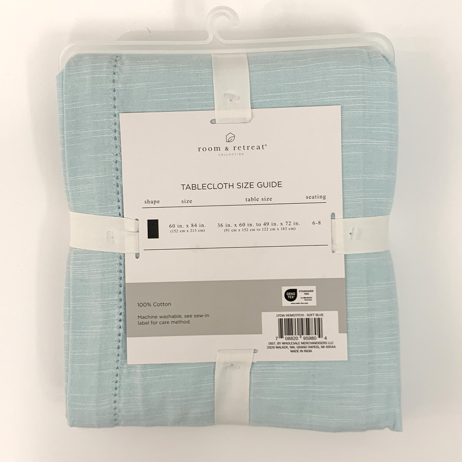 slide 2 of 3, Room & Retreat Lydia Hemstitch Yarn Dye Tablecloth, 60 in x 84 in, Soft Blue, 1 ct