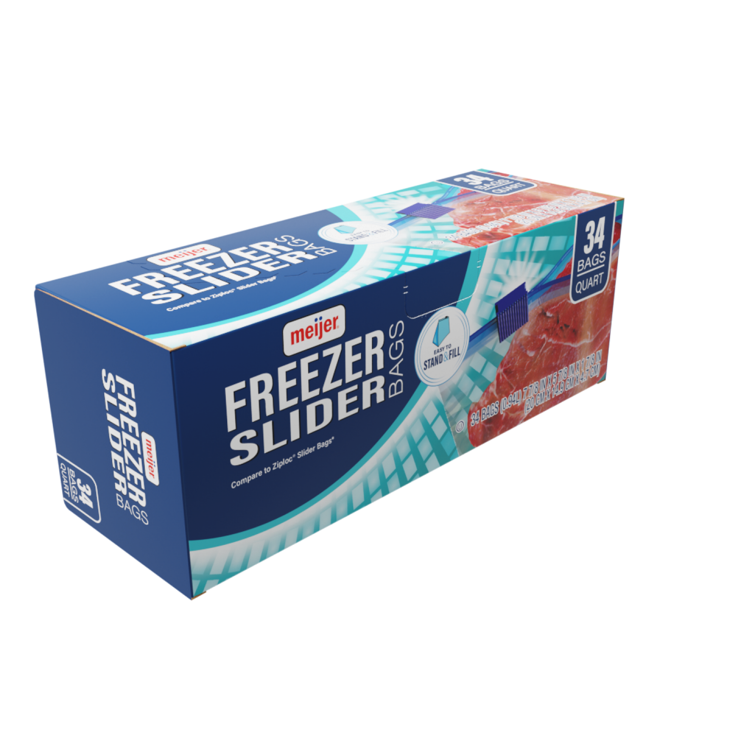 slide 3 of 3, Meijer Slider Lock Freezer Bags with Expandable Bottom, Quart, 34 ct