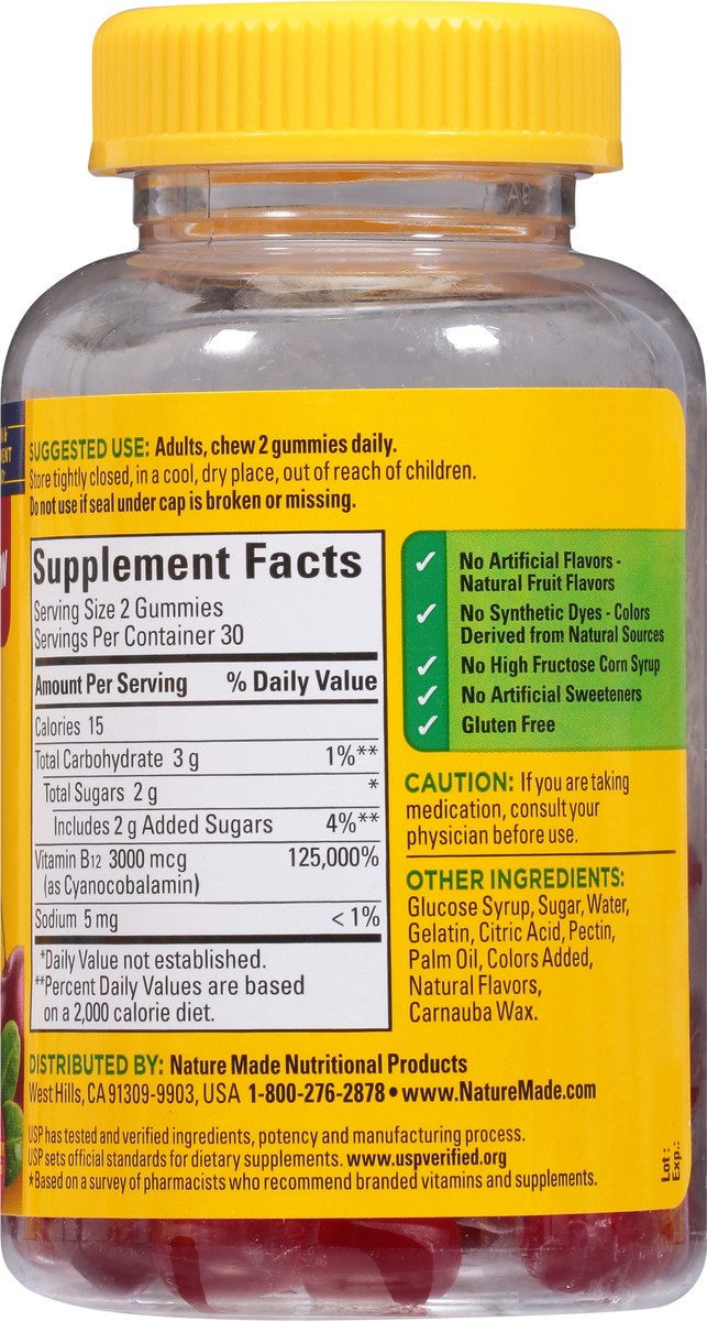 slide 6 of 9, Nature Made Extra Strength Vitamin B12 Gummies, 3000 mcg per serving, B12 Vitamin Supplement for Energy Metabolism Support, 60 Gummy Vitamins, 30 Day Supply, 60 ct