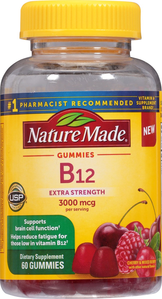 slide 5 of 9, Nature Made Extra Strength Vitamin B12 Gummies, 3000 mcg per serving, B12 Vitamin Supplement for Energy Metabolism Support, 60 Gummy Vitamins, 30 Day Supply, 60 ct
