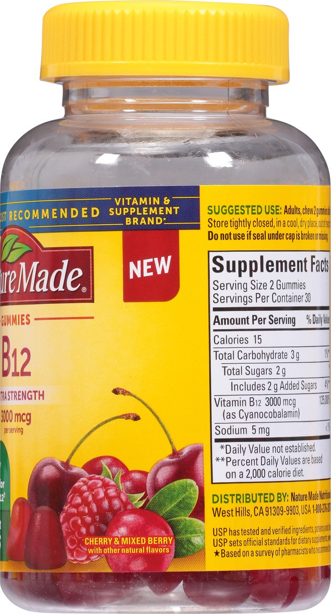 slide 8 of 9, Nature Made Extra Strength Vitamin B12 Gummies, 3000 mcg per serving, B12 Vitamin Supplement for Energy Metabolism Support, 60 Gummy Vitamins, 30 Day Supply, 60 ct