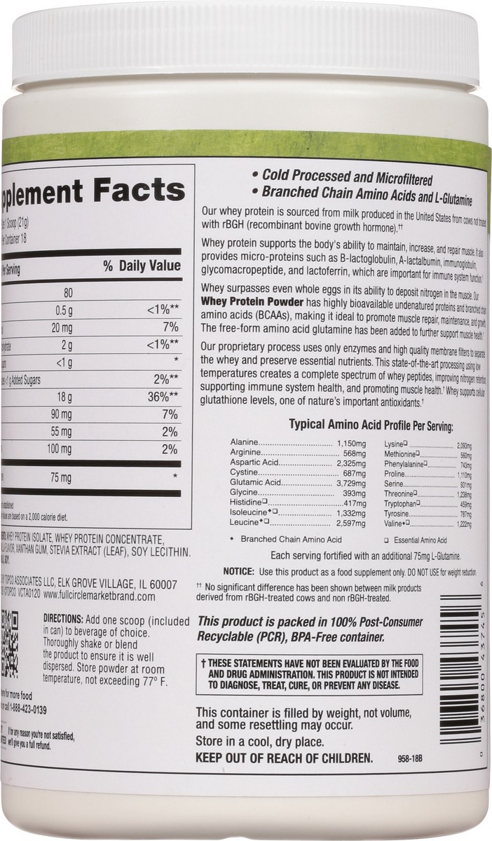 slide 15 of 15, Full Circle Market Vanilla Flavor Whey Protein Powder 13.3 oz, 13.3 oz