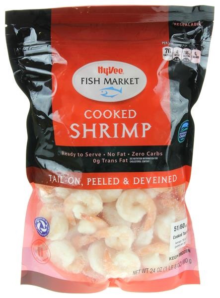slide 1 of 1, Hy-Vee Fish Market Cooked Shrimp - 51-60 Count, 24 oz