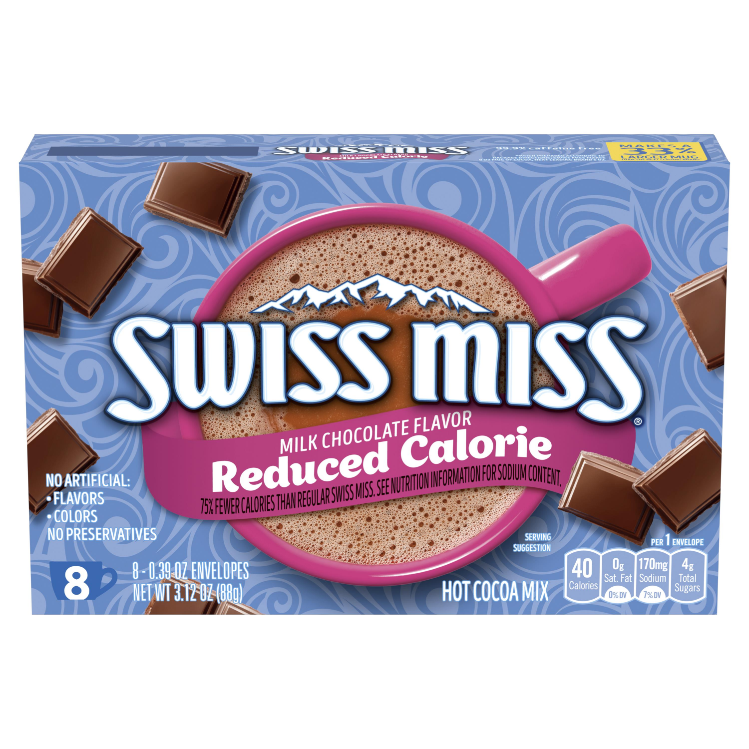 slide 1 of 4, Swiss Miss Reduced Calorie Milk Chocolate Flavored Hot Cocoa Mix, 8 Count Hot Cocoa Mix Packets, 8 ct; 0.39 oz