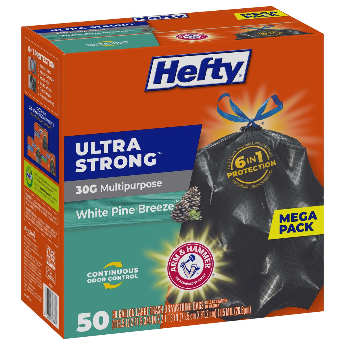 slide 3 of 9, Hefty 30 Gallon Large Drawstring Ultra Strong White Pine Breeze Trash Bags Large Mega Pack 50 ea, 50 ct