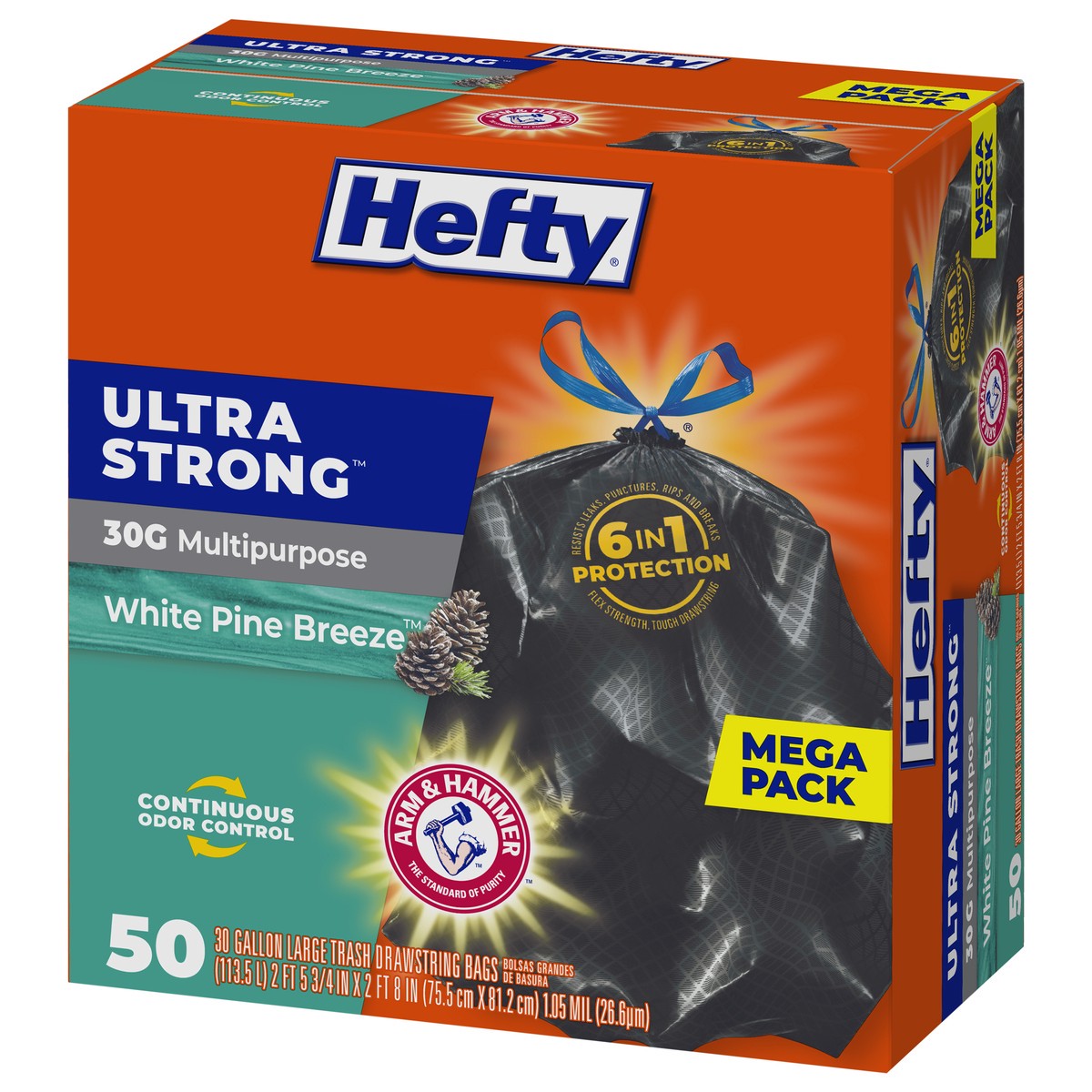 slide 9 of 9, Hefty 30 Gallon Large Drawstring Ultra Strong White Pine Breeze Trash Bags Large Mega Pack 50 ea, 50 ct
