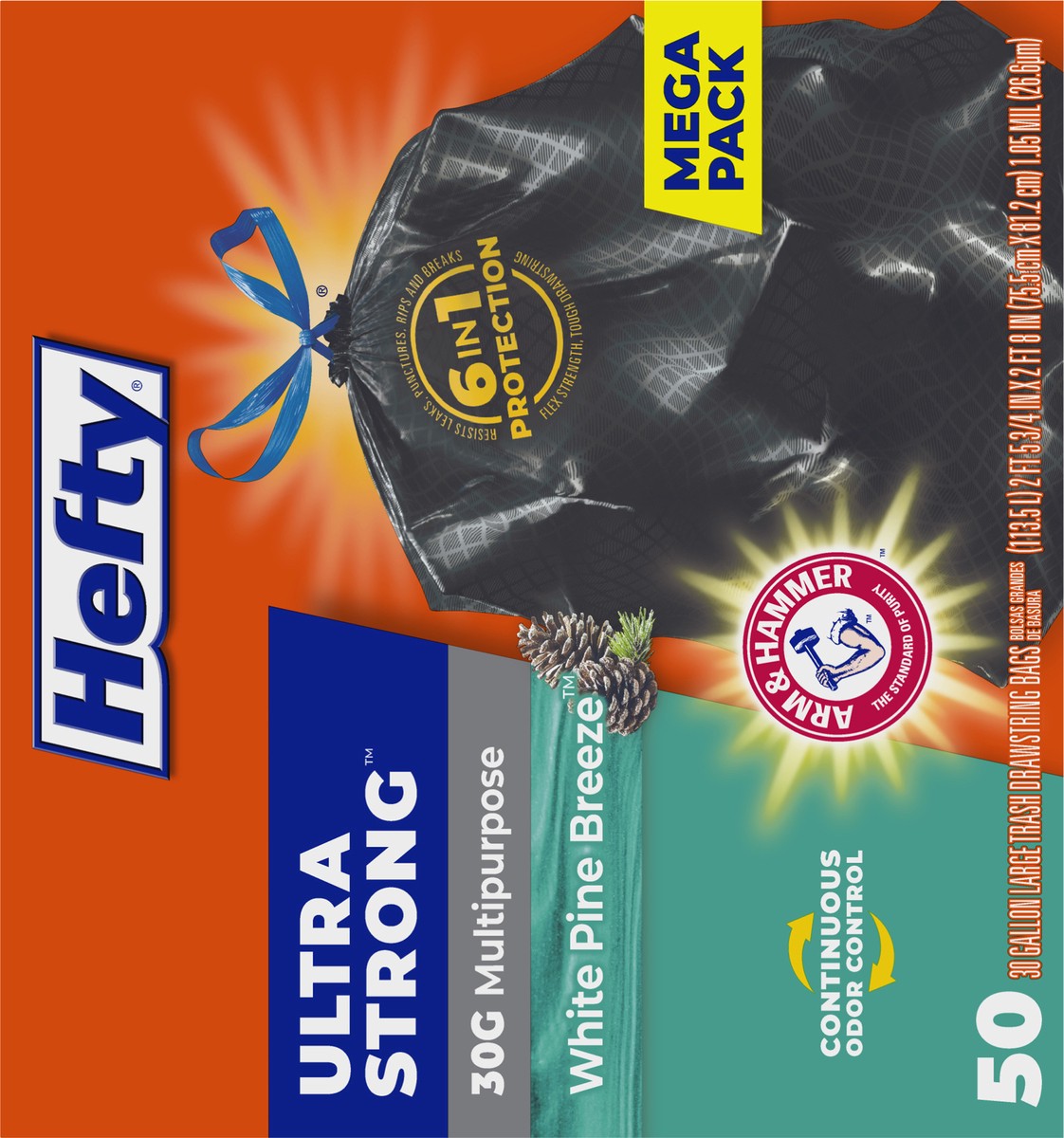 slide 2 of 9, Hefty 30 Gallon Large Drawstring Ultra Strong White Pine Breeze Trash Bags Large Mega Pack 50 ea, 50 ct