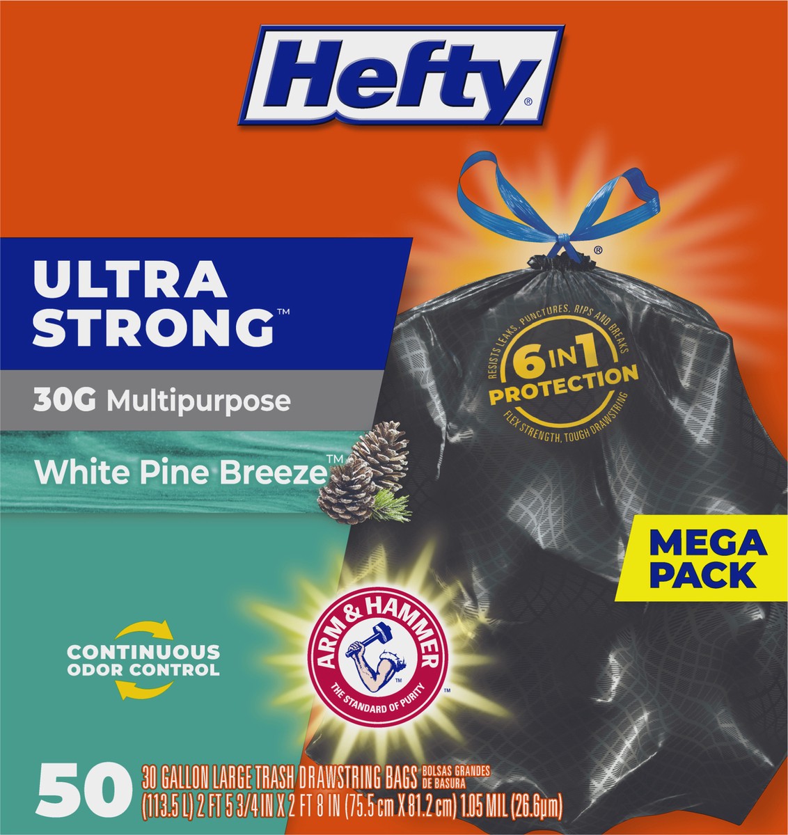 slide 6 of 9, Hefty 30 Gallon Large Drawstring Ultra Strong White Pine Breeze Trash Bags Large Mega Pack 50 ea, 50 ct