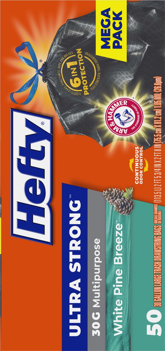 slide 8 of 9, Hefty 30 Gallon Large Drawstring Ultra Strong White Pine Breeze Trash Bags Large Mega Pack 50 ea, 50 ct