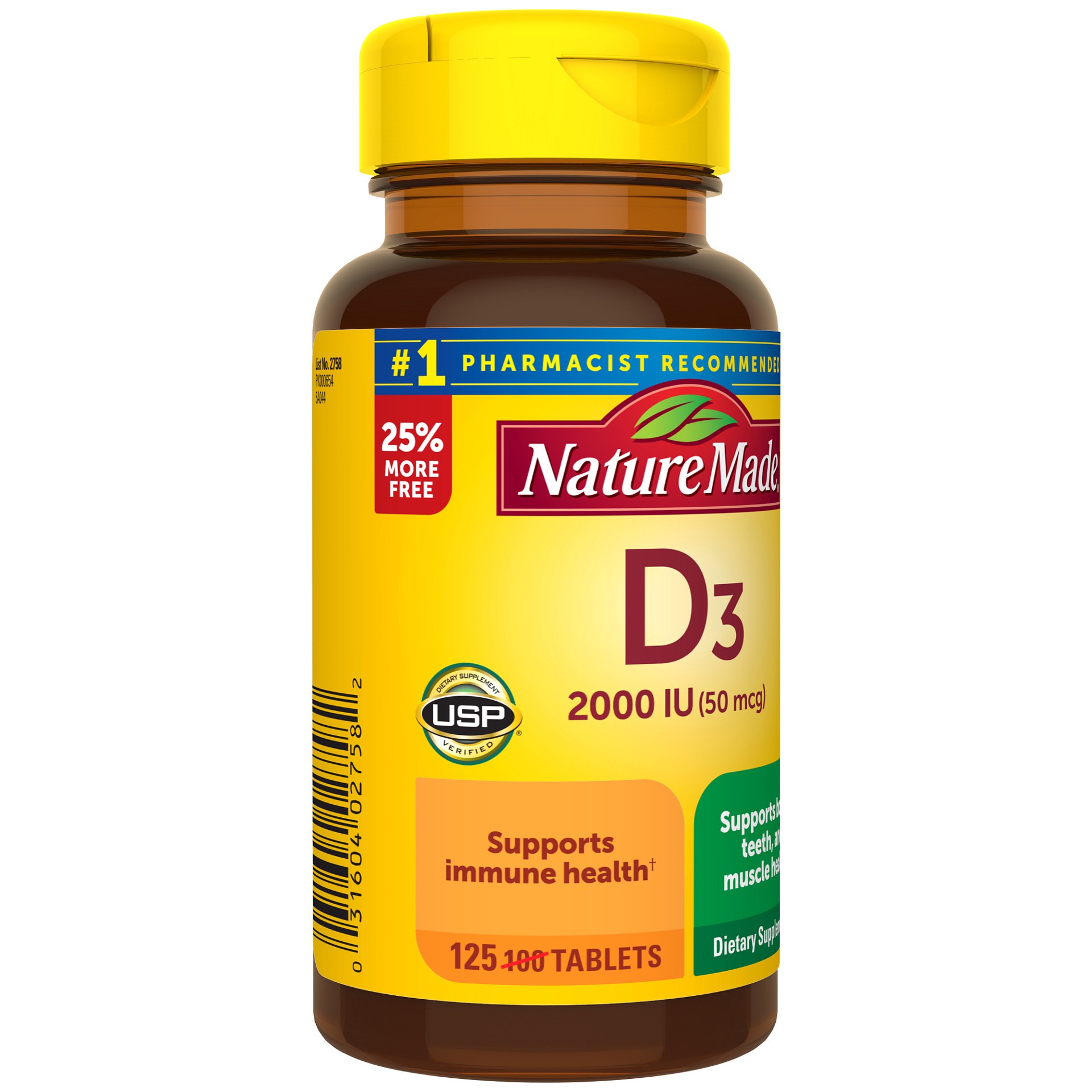 slide 6 of 7, Nature Made Vitamin D3 2000 IU (50 mcg), Dietary Supplement for Bone, Teeth, Muscle and Immune Health Support, 125 Tablets, 125 Day Supply, 125 ct