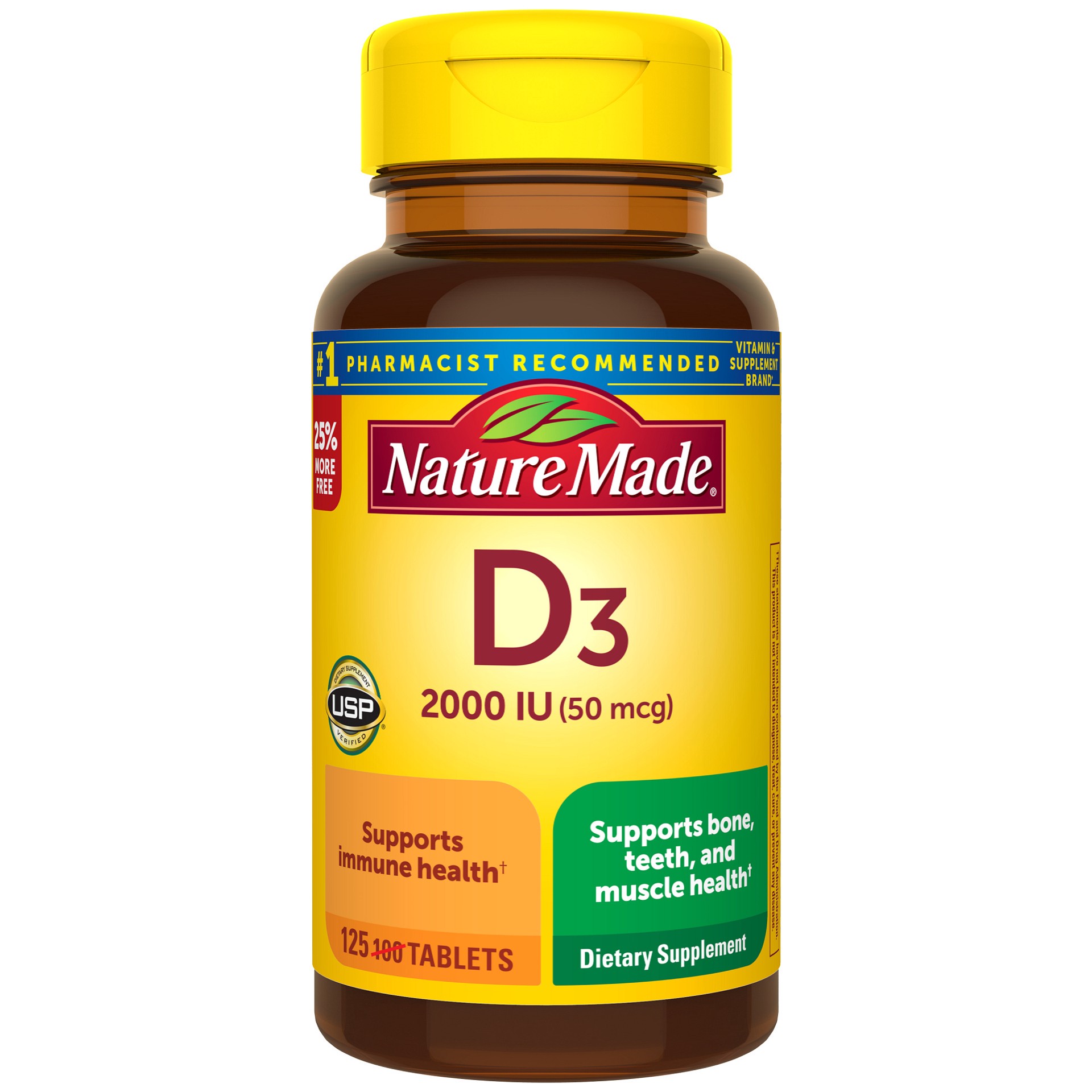slide 1 of 7, Nature Made Vitamin D3 2000 IU (50 mcg), Dietary Supplement for Bone, Teeth, Muscle and Immune Health Support, 125 Tablets, 125 Day Supply, 125 ct