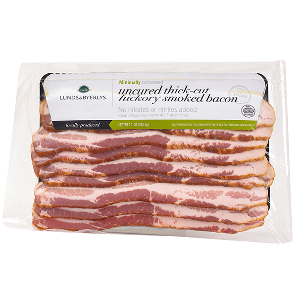 slide 1 of 1, L&B Uncured Thick-Cut Hickory Smoked Bacon, 12 oz