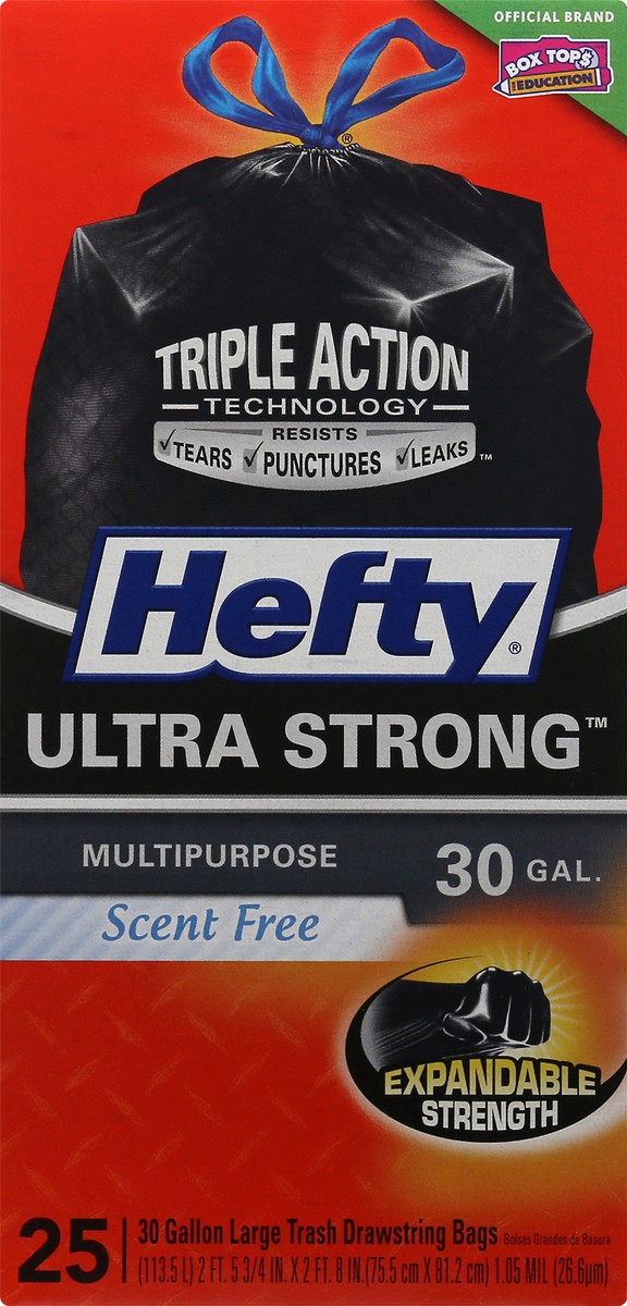 slide 9 of 9, Hefty Ultra Strong Multipurpose Large Trash Bags, Black, Unscented, 30 Gallon, 25 Count, 1.98 lb