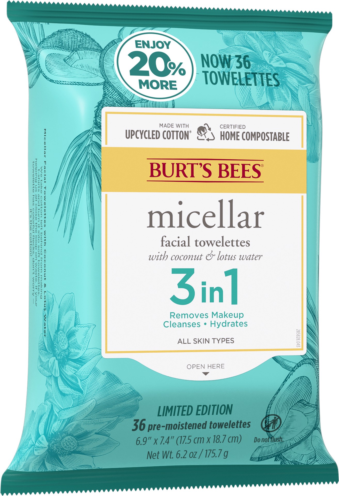 slide 5 of 5, Burt's Bees Micellar Facial Towelettes With Coconut and Lotus, 99.5 Percent Natural Origin, 36 ct. Package, 36 ct